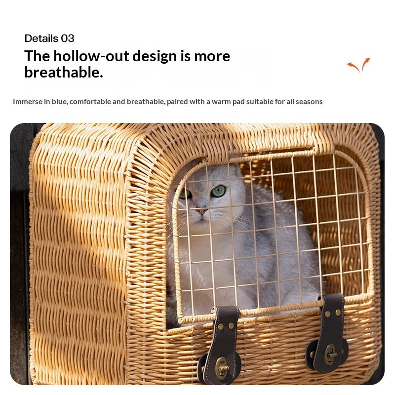 Portable Woven Rattan Pet Carrier With Ventilated Handle Bag
