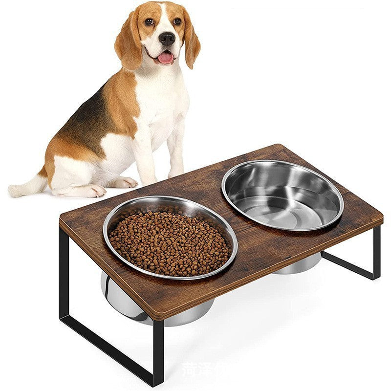 Iron Wood Combined Feeding Rack Pet Bowl Stand