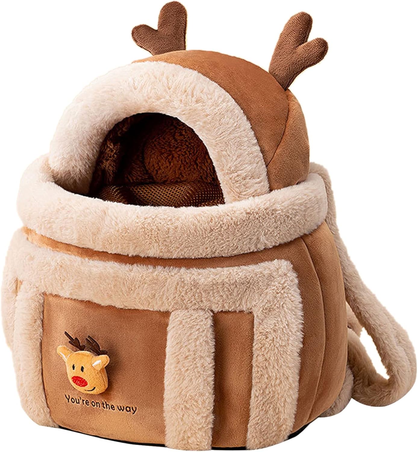 Plush Reindeer Pet Carrier Backpack Winter Travel Bag