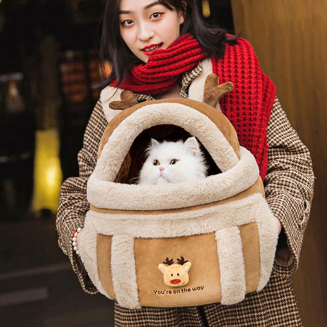 Plush Reindeer Pet Carrier Backpack Winter Travel Bag