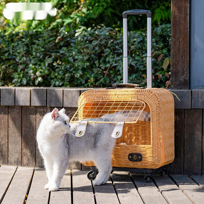 Portable Woven Rattan Pet Carrier With Ventilated Handle Bag
