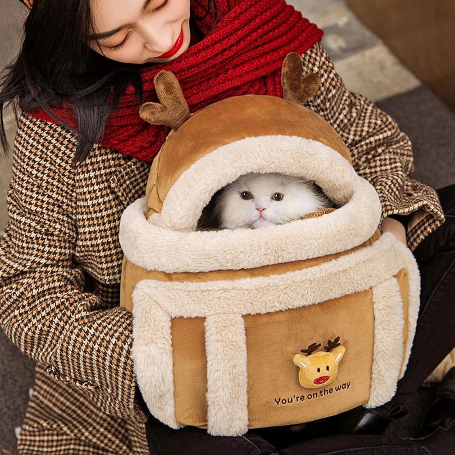 Plush Reindeer Pet Carrier Backpack Winter Travel Bag